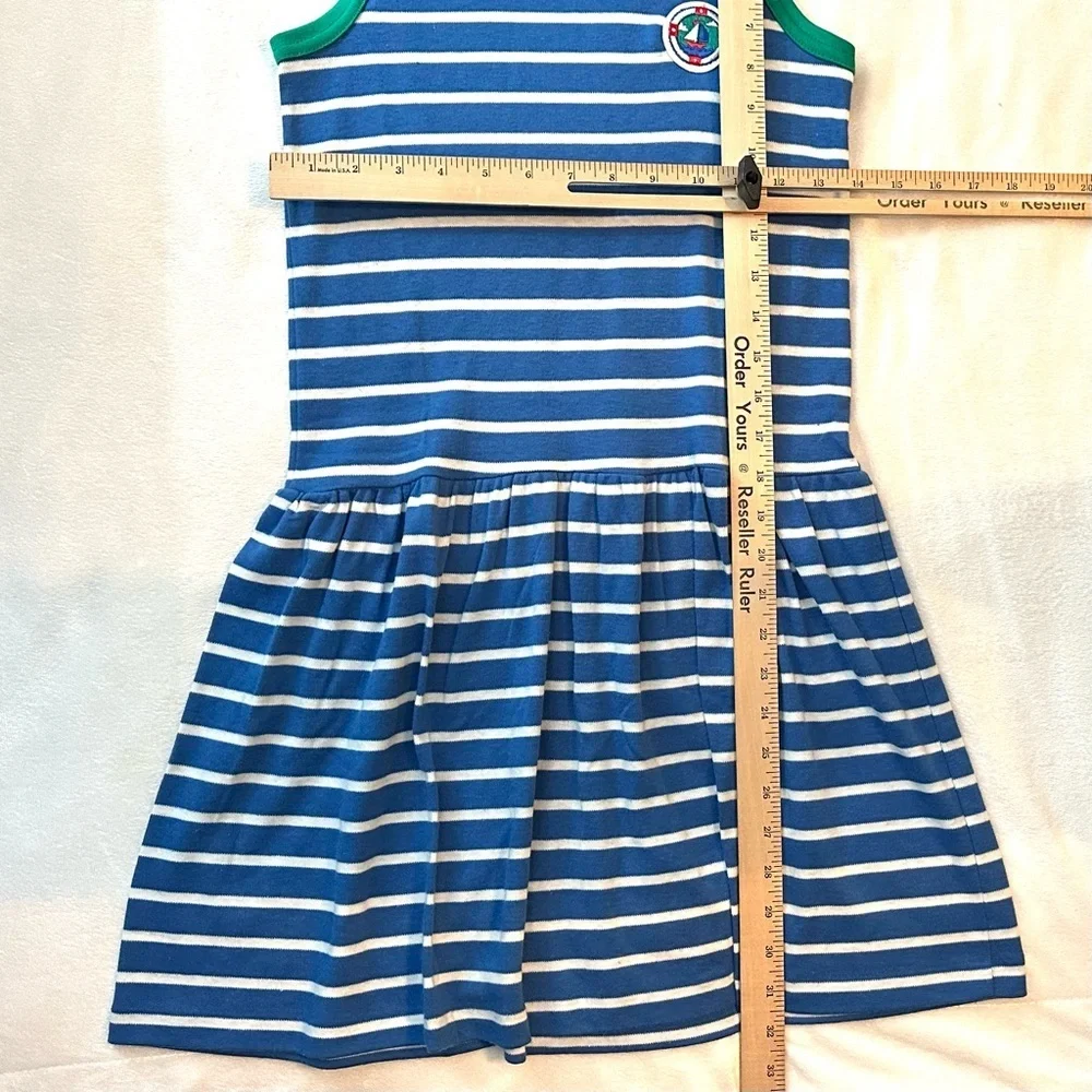Vintage Hartstrings Sailboat Patch Nautical Blue Wht Striped Tank Dress Girls 12